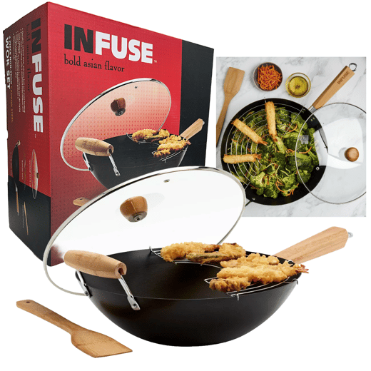 E - 4Pc 14in Carbon Steel Wok Set